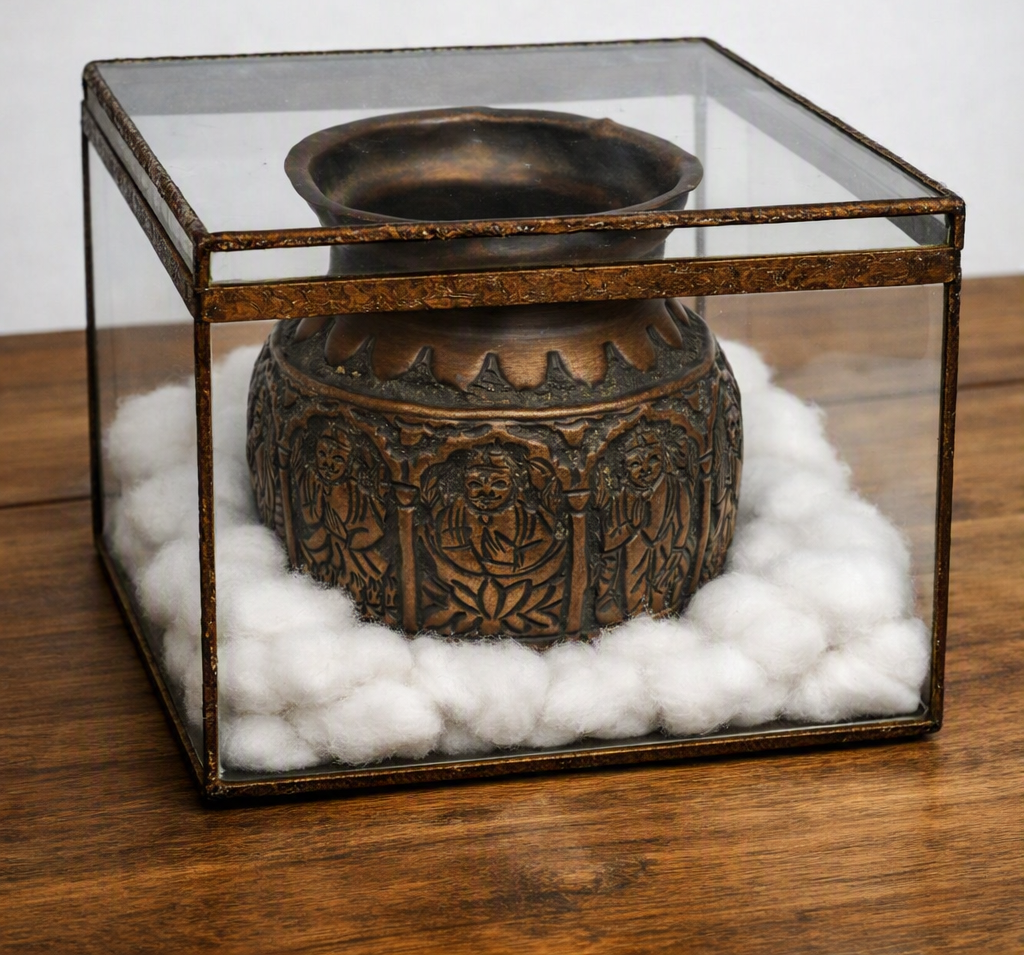 Decorative metal vessel displayed in a glass case
